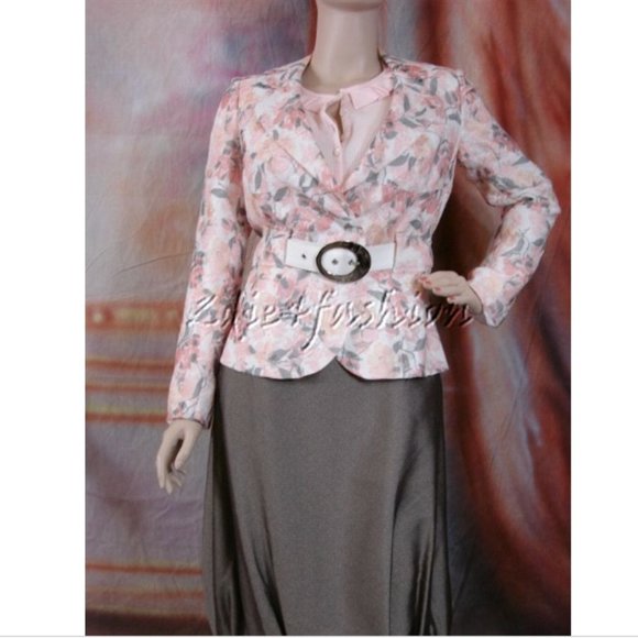 $1450 New ARMANI COLLEZIONI Pink Peach Gray Floral Art Print Belt Jacket 6